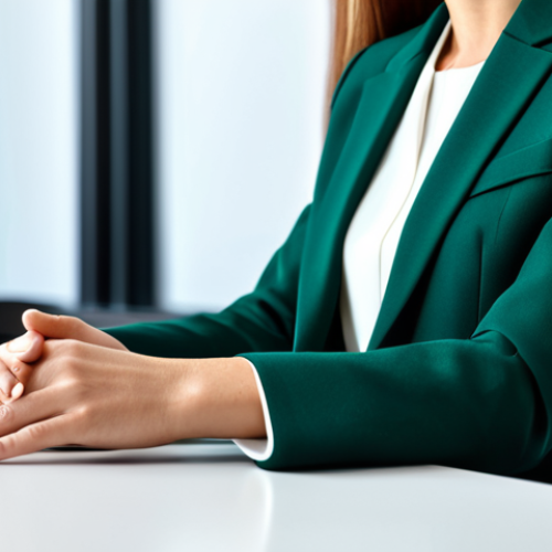 Home 4 A professional woman in a modest dark green business suit, seated thoughtfully at a sleek, modern desk in a well-lit, minimalist office. Her posture is calm and composed, with her hands gently clasped. Her gaze is directed slightly off-camera, conveying deep observation and analytical processing of information. Subtle holographic data visualizations float around her, suggesting complex problem-solving. The background is clean and uncluttered, emphasizing clarity and focus. perfect anatomy, correct proportions, natural pose, well-formed hands, proper finger count, natural body proportions, safe for work, appropriate content, fully clothed, professional dress, high quality professional photography.