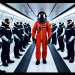 어몽어스 빨강 캐릭터의 이미지 - Suspicion and Shadows**

"A group of diverse crewmates in 'Among Us' style spacesuits, standing in a...